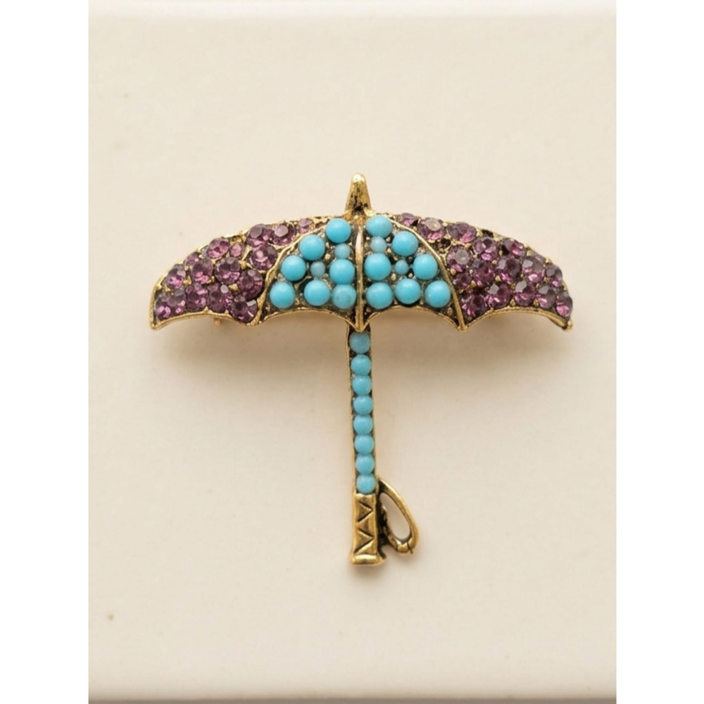 Unbranded Umbrella Rhinestone Turquoise Bead‎ Gold Tone Novelty Brooch Pin OS